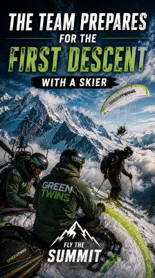 Teamet förbereder sig för den första nedstigningsflygningen tillsammans med en skidåkare | Fly the Summit