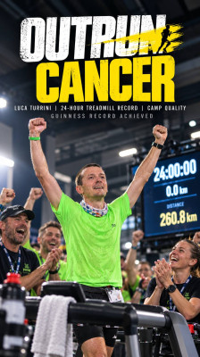 Luca Turrini établit le record Guinness de la distance parcourue sur un tapis de course en 24 heures · Outrun Cancer